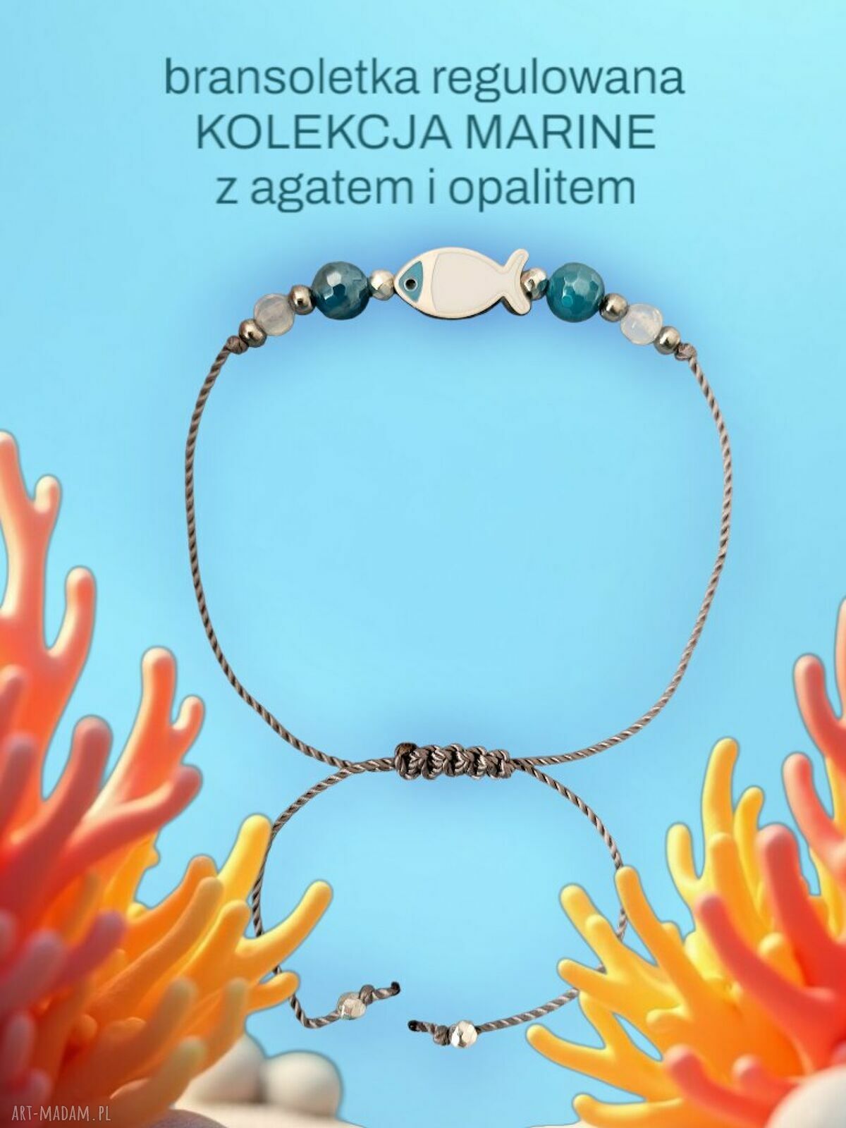 Bransoletka regulowana MARINE z agatem i opalitem - delikatna, zapięcie makramy