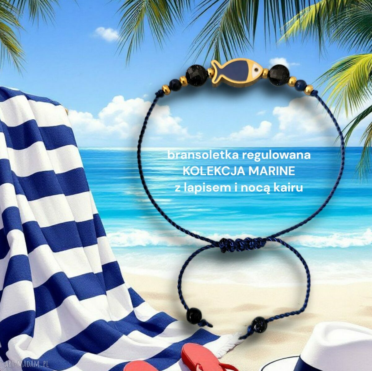 Bransoletka regulowana na sznurku - stal szlachetna, lapis lazuli i noc kairu marine