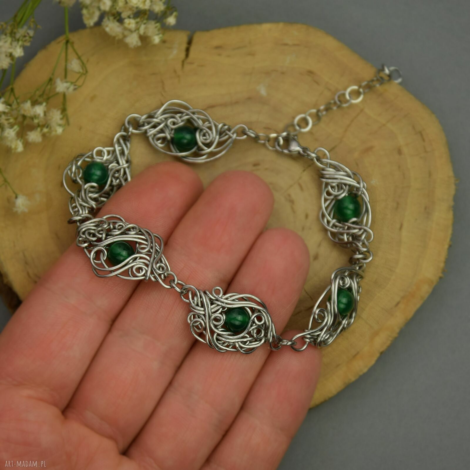 Ręcznie robiona bransoletka regulowana z zielonym onyksem (wire wrapping)