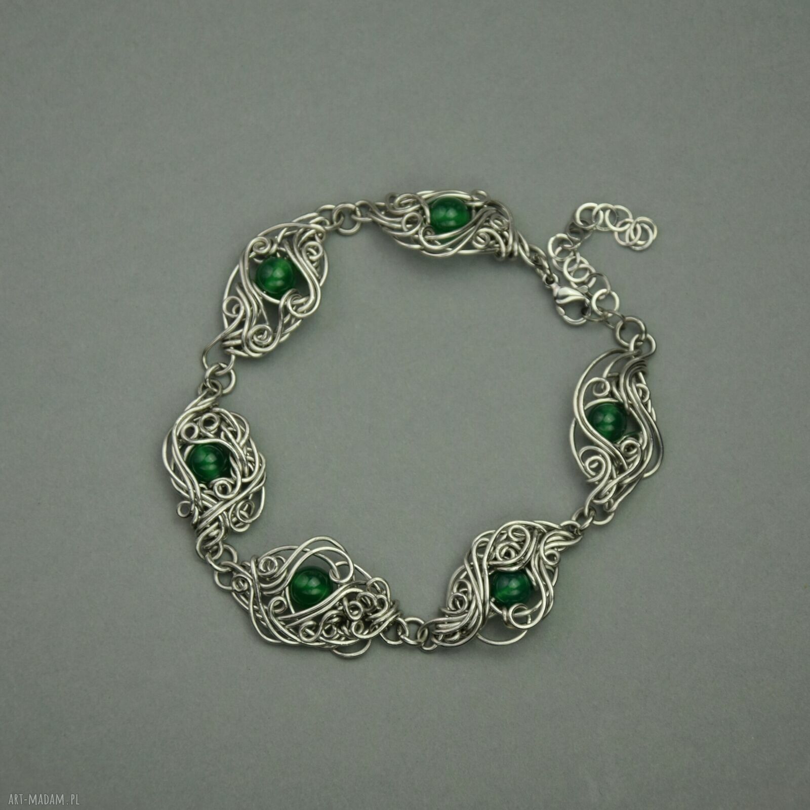 Ręcznie robiona bransoletka regulowana z zielonym onyksem wire wrapping
