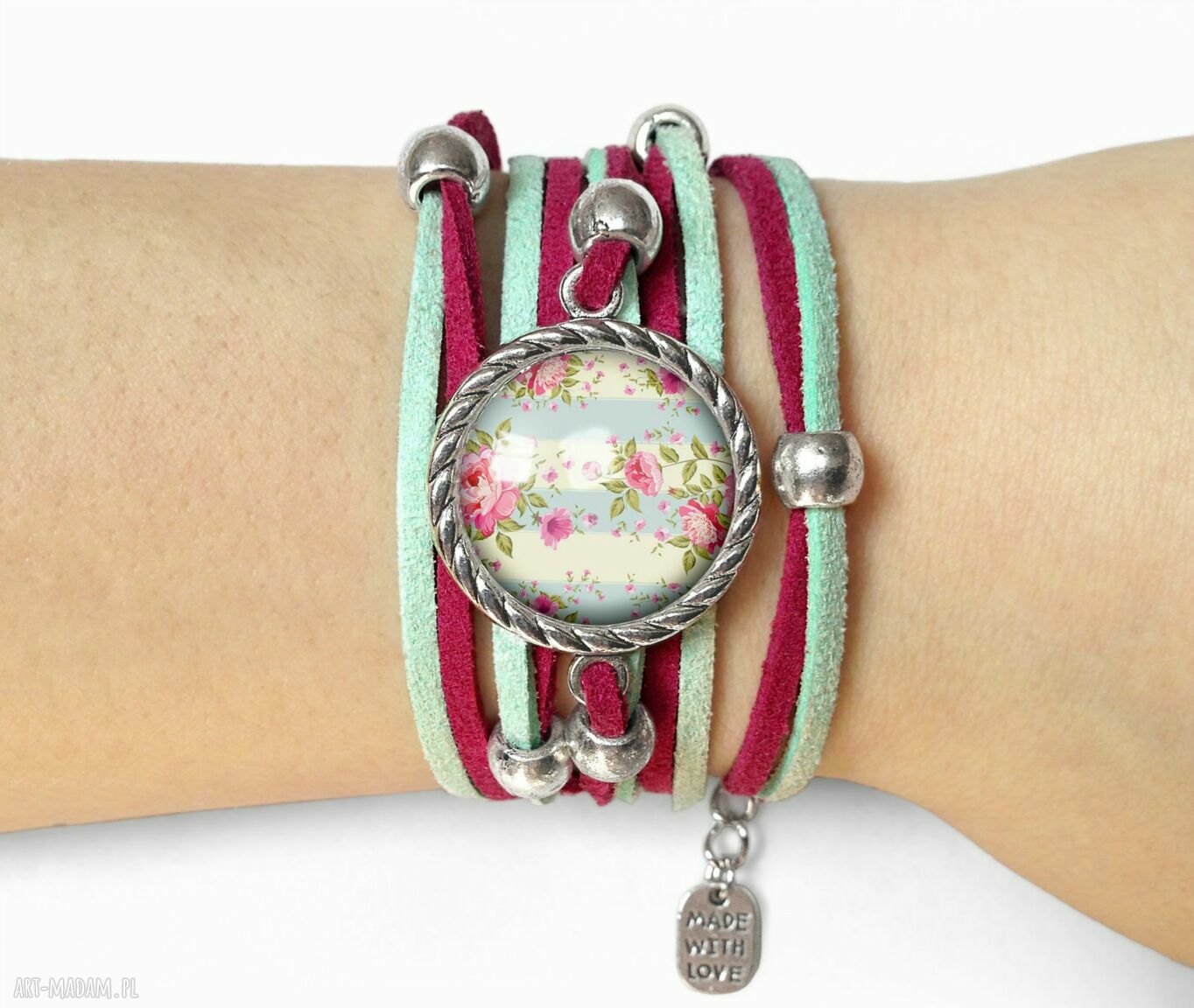 Bransoletka retro róże paski vintage zamszowa ręcznie