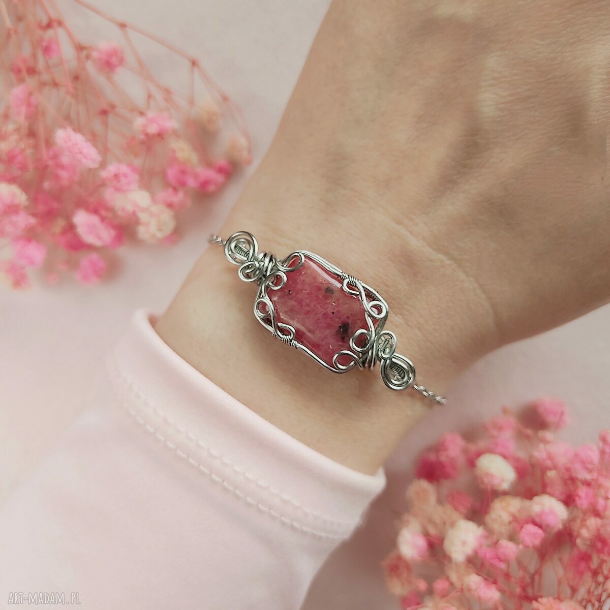 Bransoletka Rodonit regulowana ze stali chirurgicznej - wire wrapping