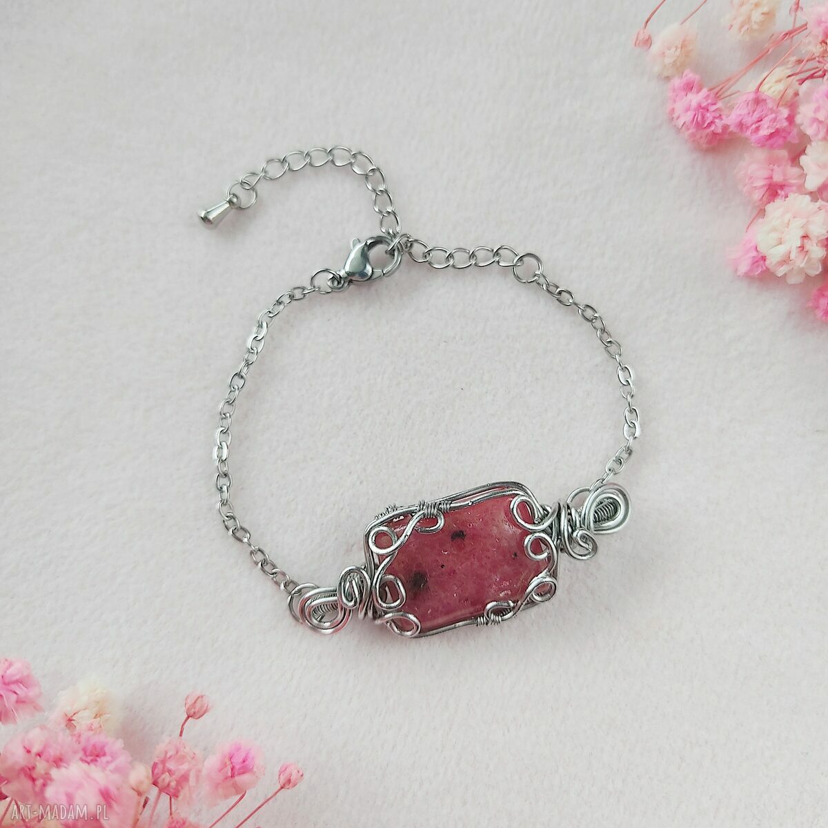 Bransoletka Rodonit regulowana ze stali chirurgicznej - wire wrapping
