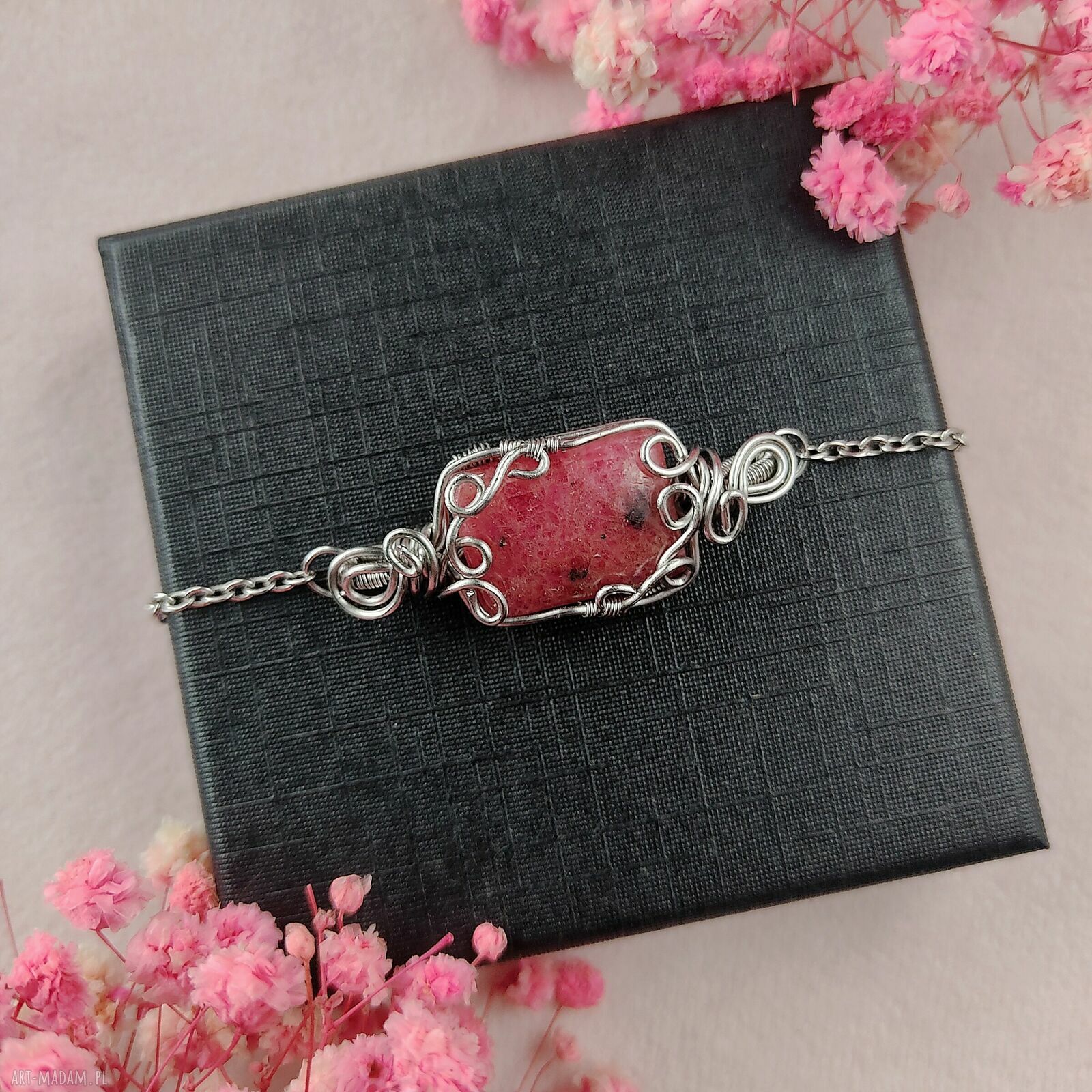 Bransoletka Rodonit regulowana ze stali chirurgicznej - wire wrapping