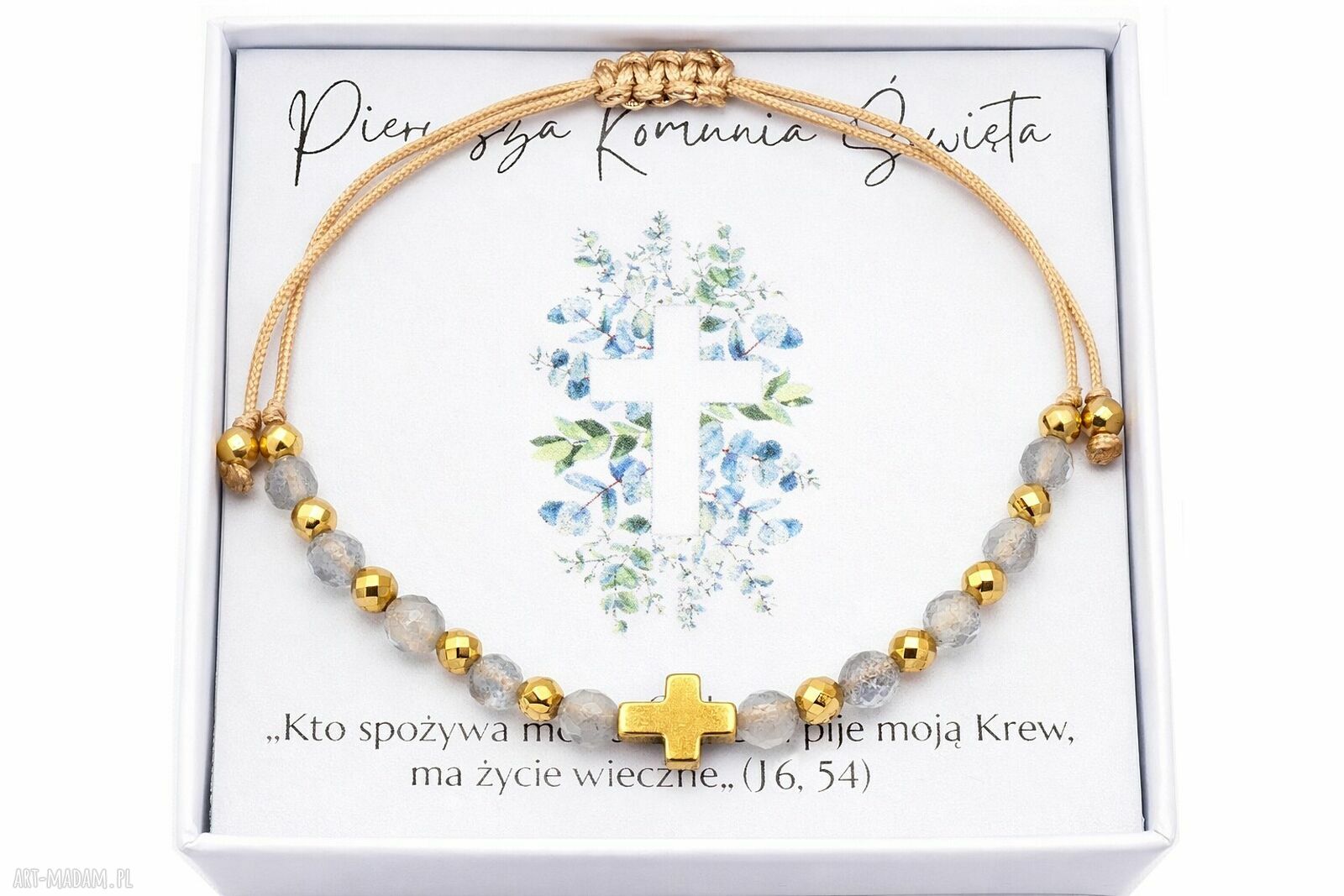 Różaniec na rękę z labradorytu i hematytu - ręcznie robiony prezent na Komunię