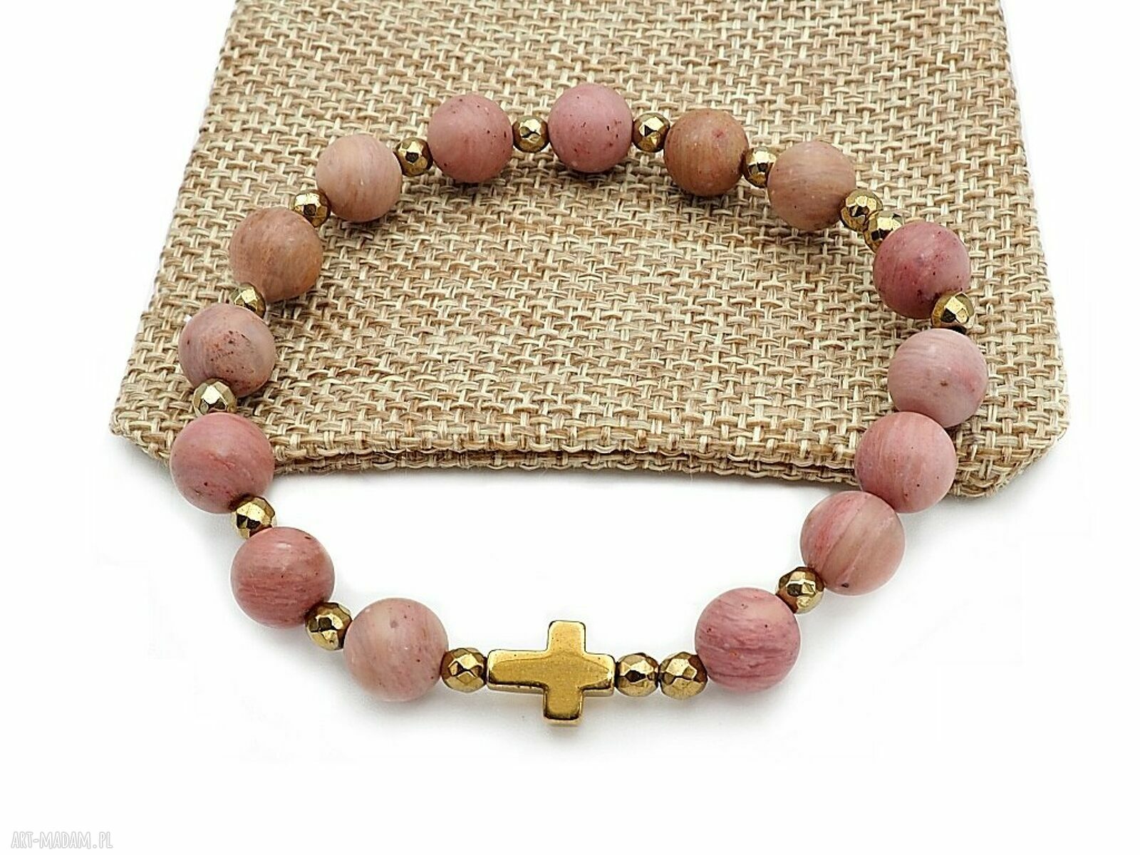 Bransoletka różaniec na rękę z matowego rodonitu i hematytu - handmade