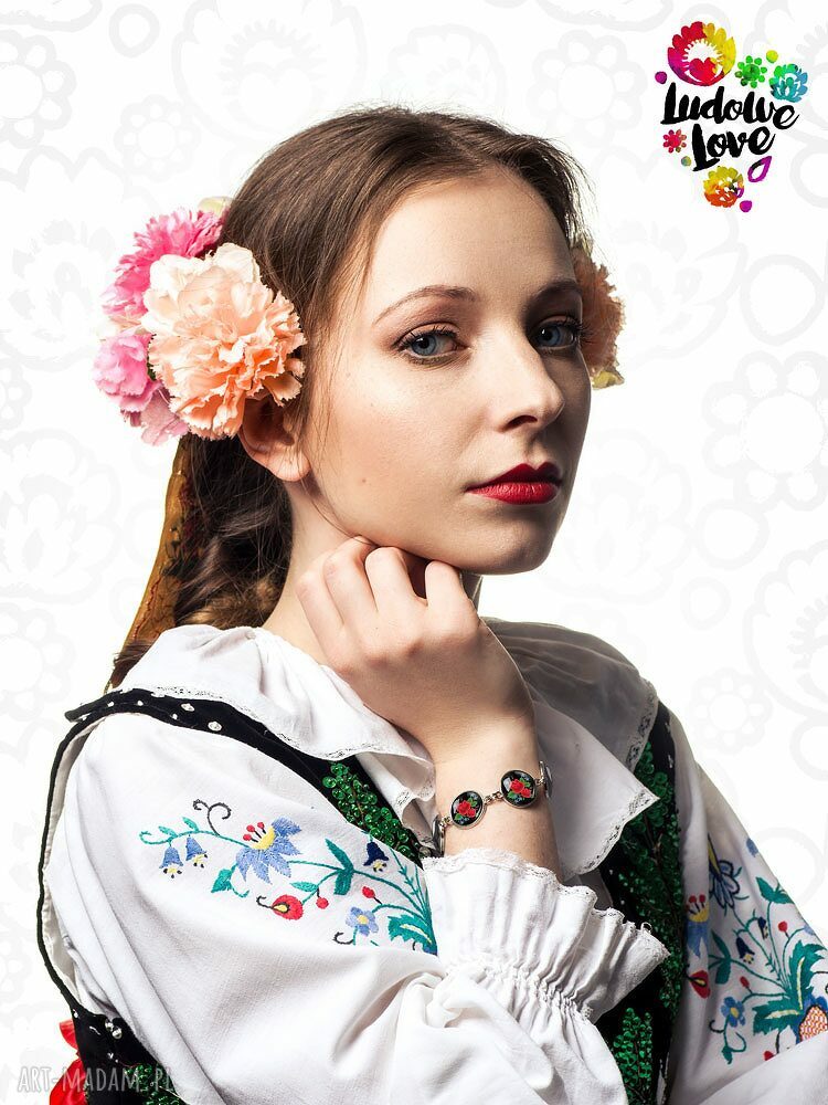 Bransoletka róże z haftowanym motywem - folk handmade (regulowana)