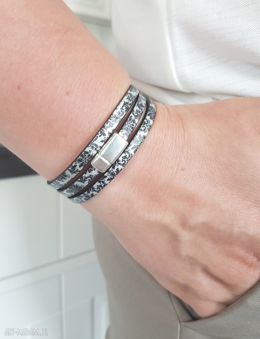 Bransoletka skórzana magnetoos triple baroq silver