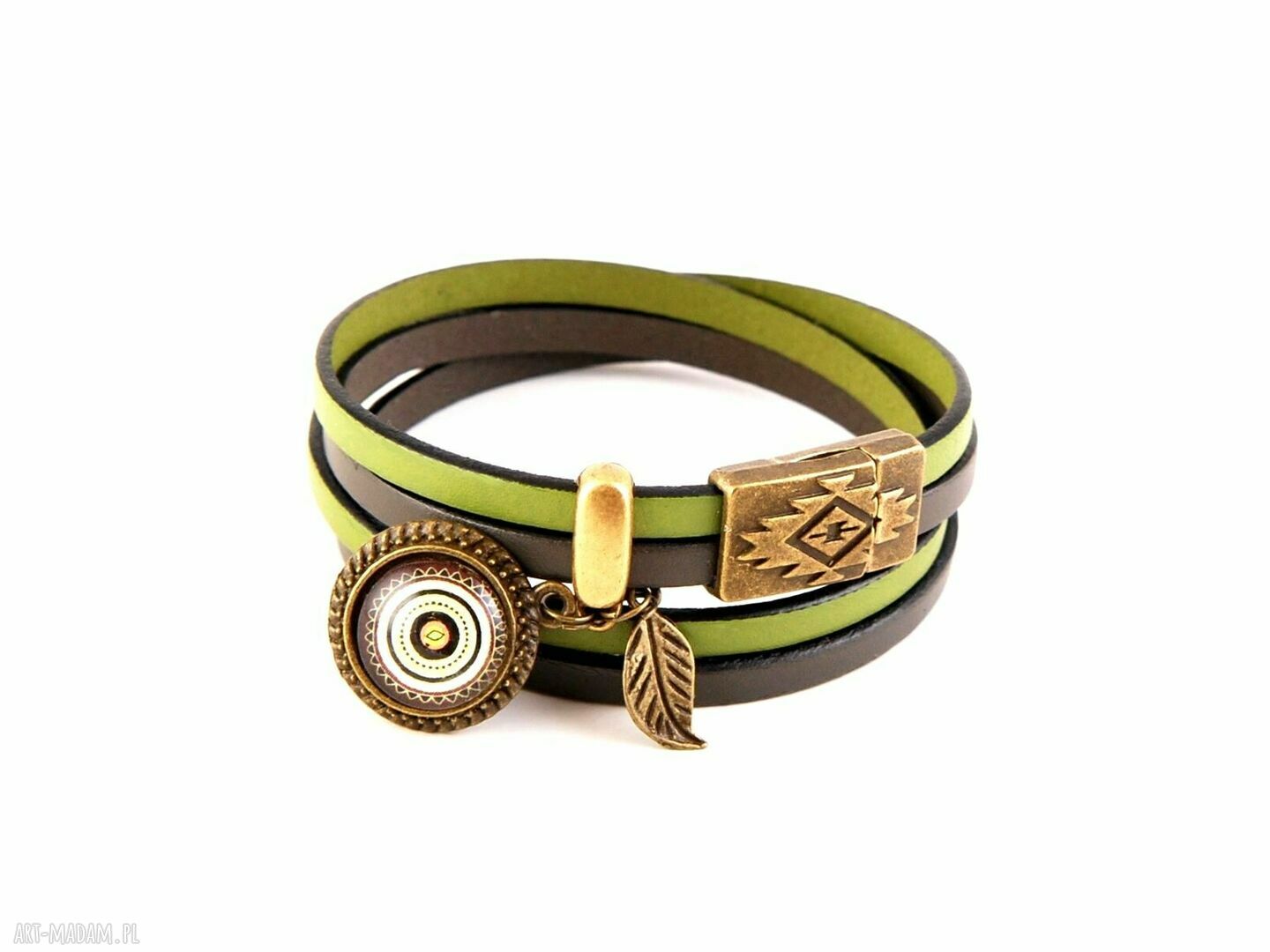 Bransoletka skórzana khaki i oliwkowa z zawieszkami - zapięcie magnetyczne