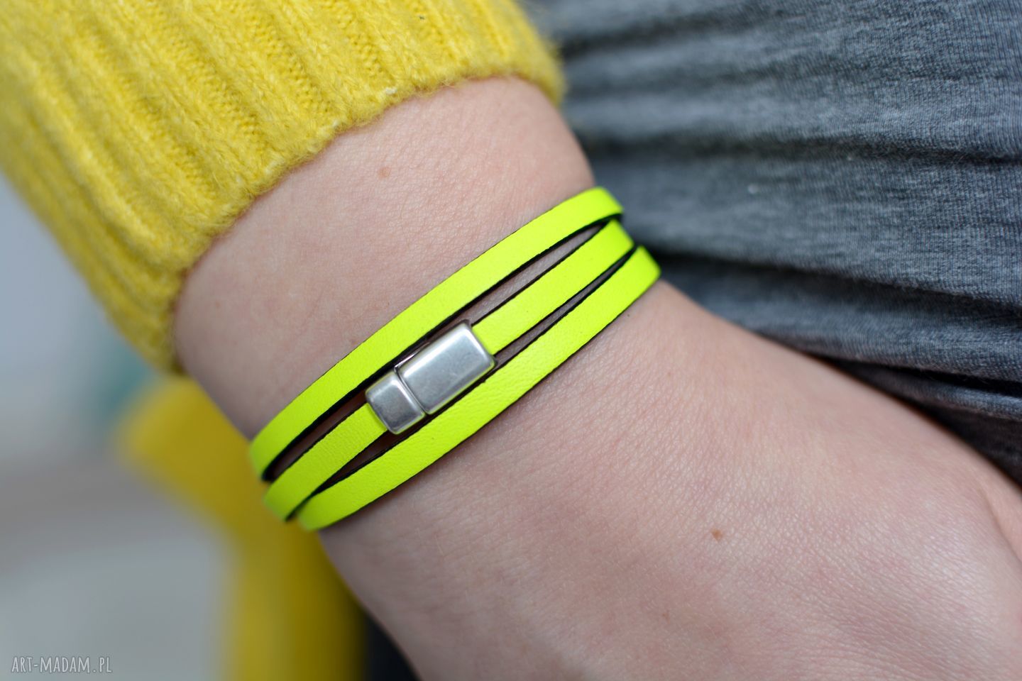 Bransoletka skórzana Magnetoos Triple VARIUS neon lemon z zapięciem magnetycznym