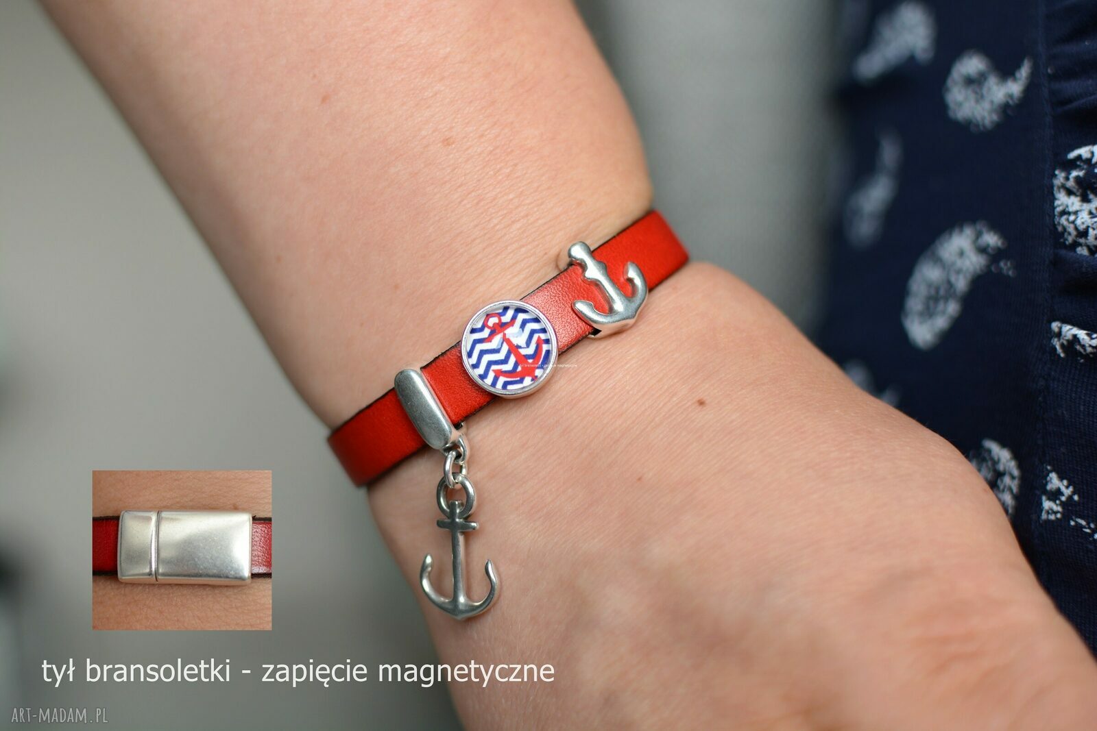 Czerwona marynistyczna bransoletka skórzana z kotwicą i zapięciem magnetycznym