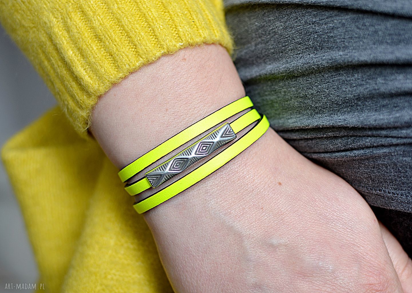Bransoletka skórzana Magnetoos Triple VARIUS neon lemon z zapięciem magnetycznym
