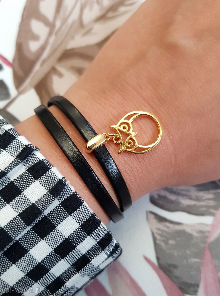 Bransoletka skórzana Magnetoos z zawieszką sówki black&gold (zapięcie magnetyczne)