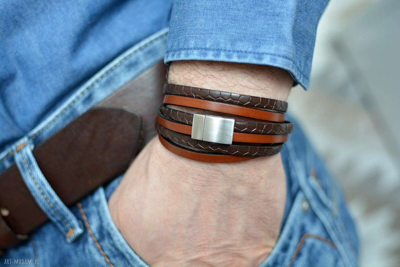 Bransoletka skórzana potrójna Alligato Satin Steel - brown
