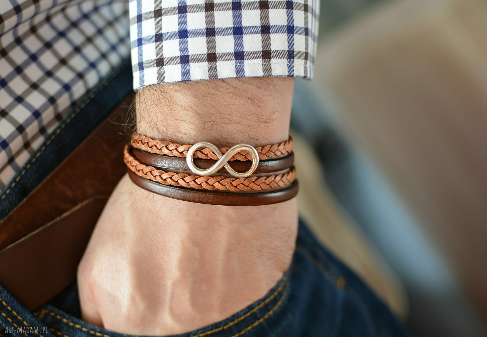 Bransoletka skórzana Magnetoos Double Infinity - brązowa z magnetycznym zapięciem