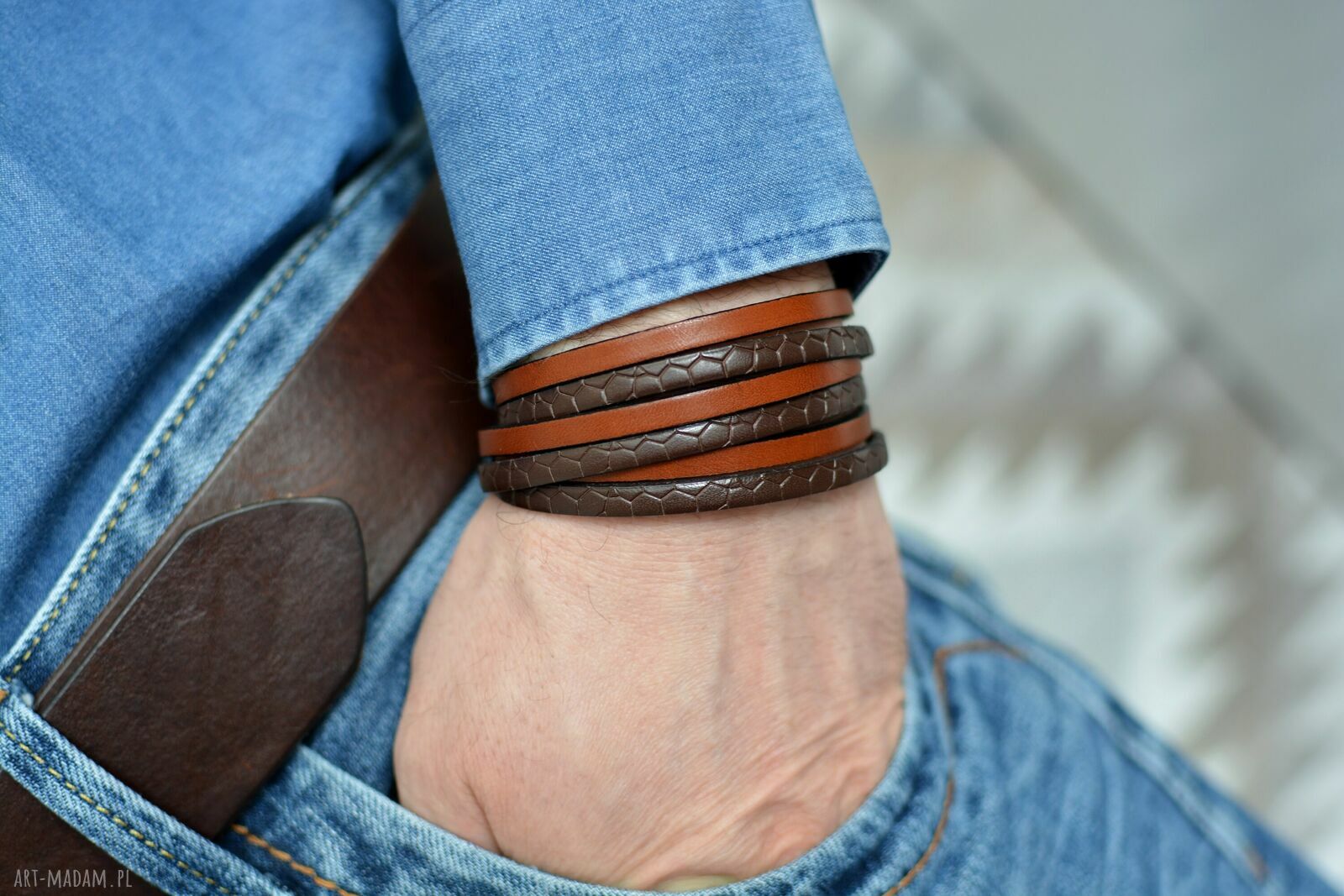 Bransoletka skórzana potrójna Alligato Satin Steel - brown