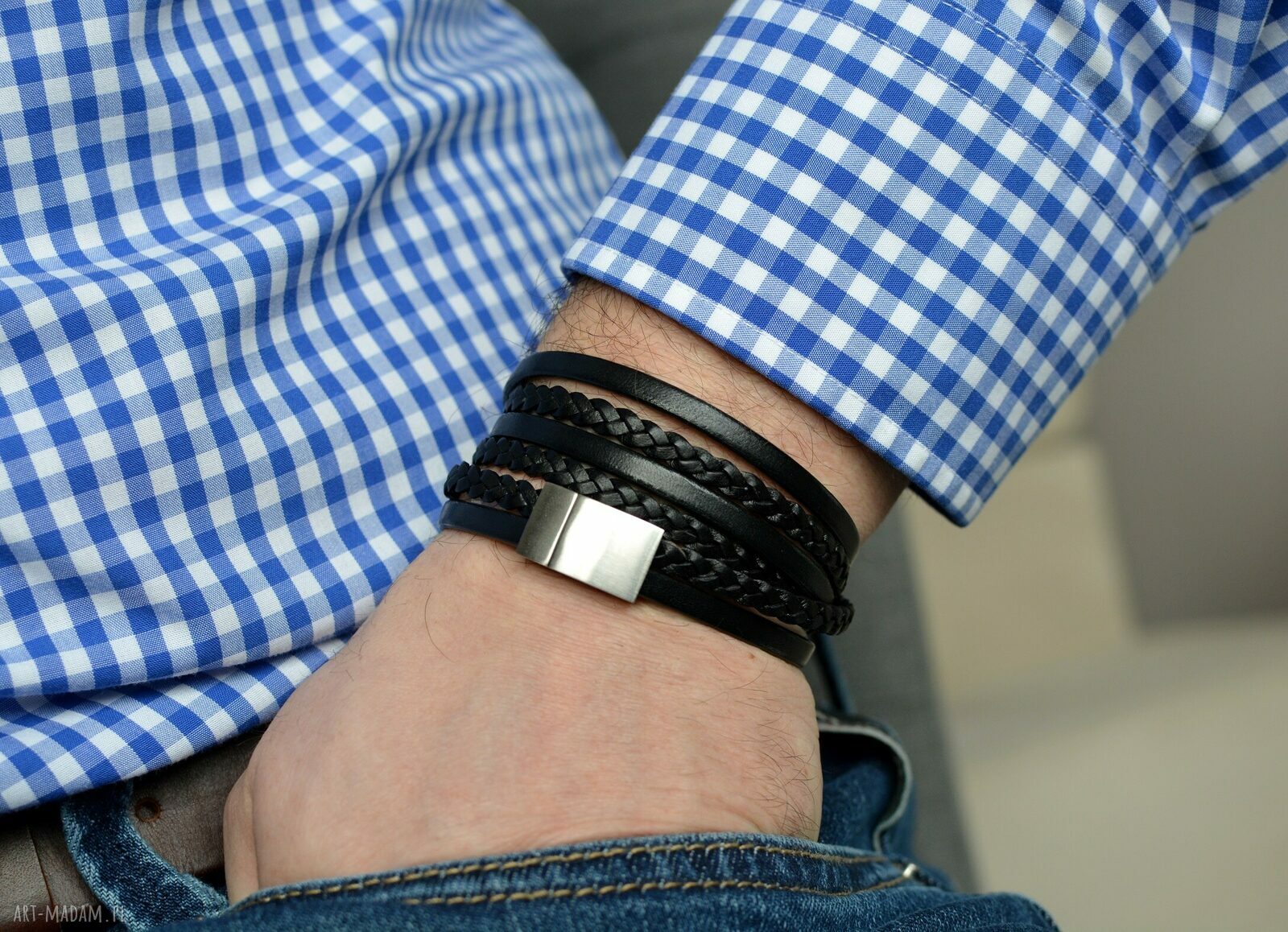 Bransoletka skórzana męska magnetoos satin steel black