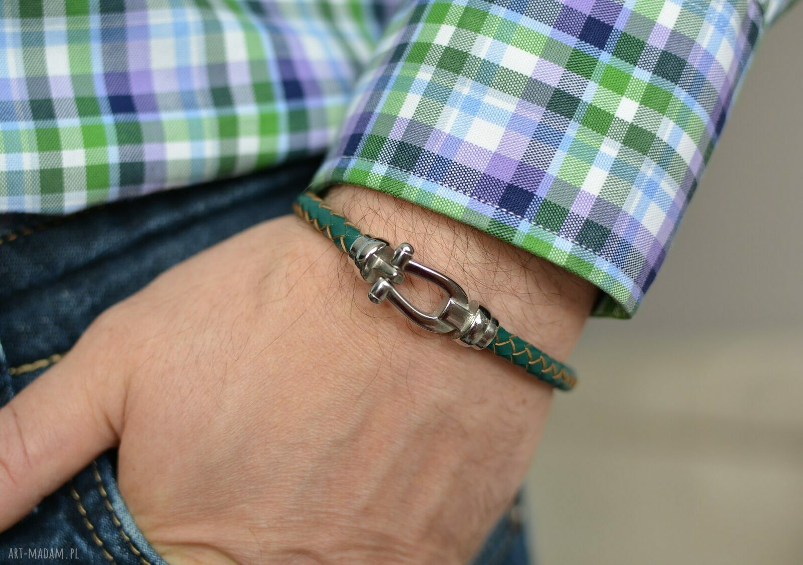 Bransoletka skórzana męska uno plait buckle steel zielona
