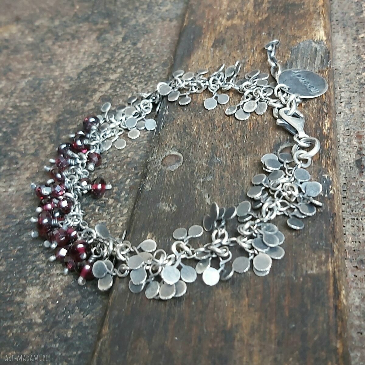 Bransoletka srebrna listki z granatami Handmade