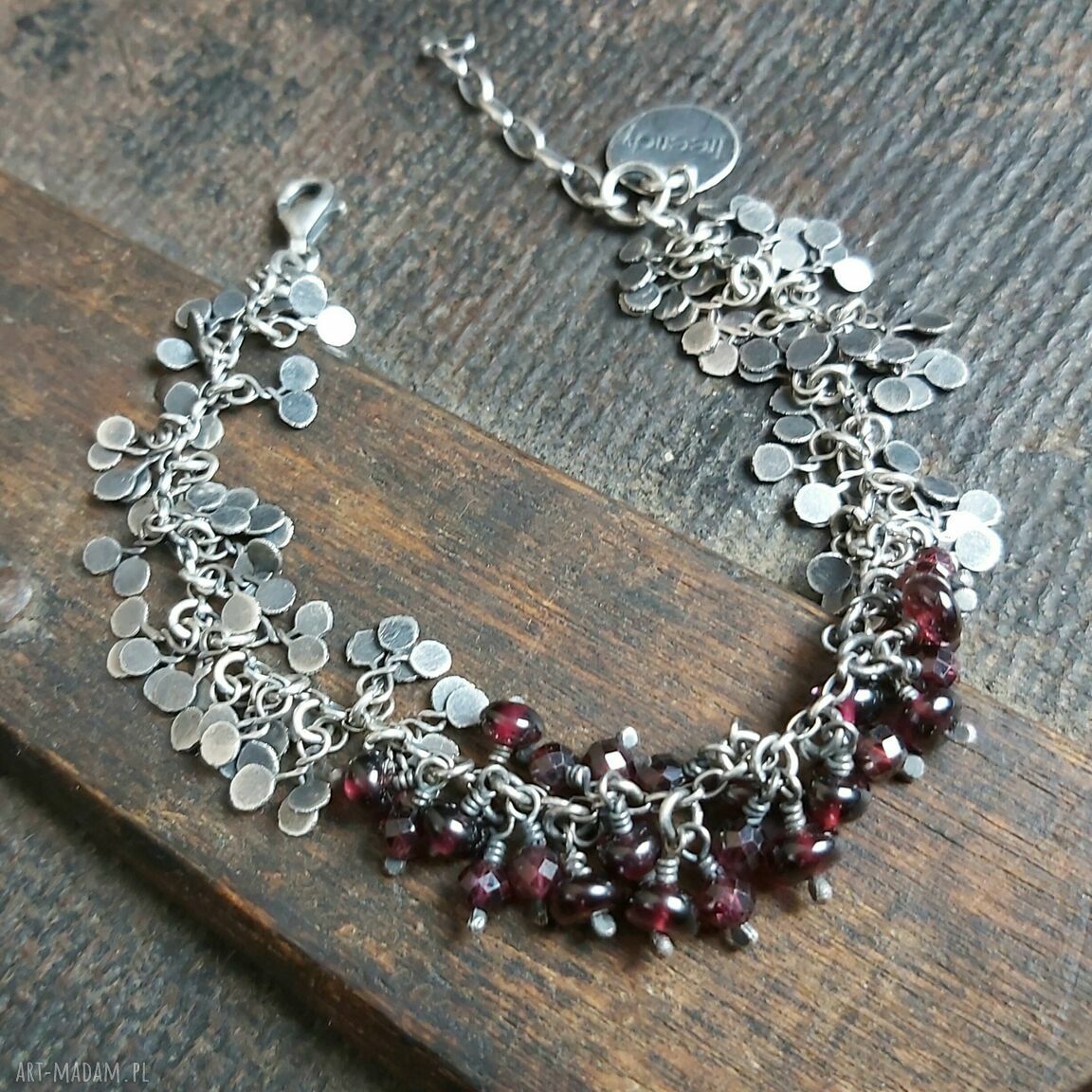 Bransoletka srebrna listki z granatami Handmade