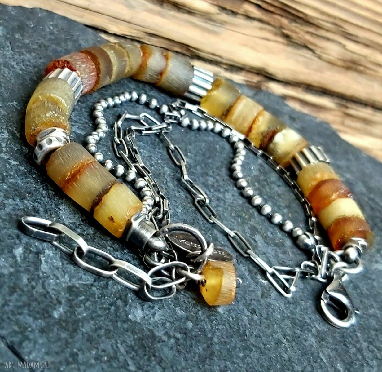 Handmade bransoletka srebrna z bursztynem ciepły blask na co dzień