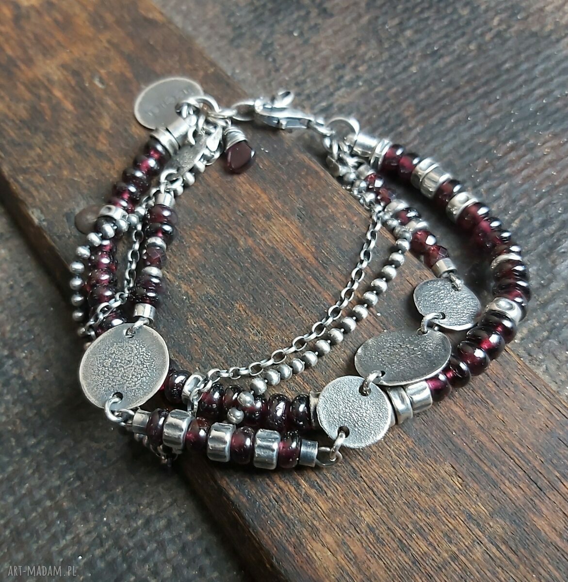 Bransoletka srebrna z granatami handmade