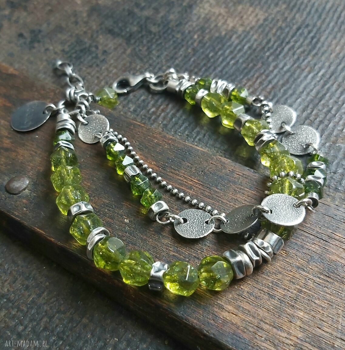 Bransoletka srebrna 925 z peridotami - oksydowana, ręcznie robiona