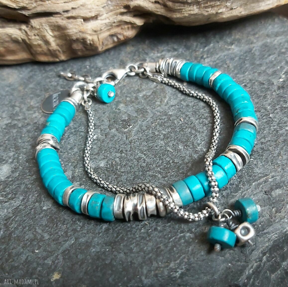 Bransoletka srebrna z turkusami Handmade