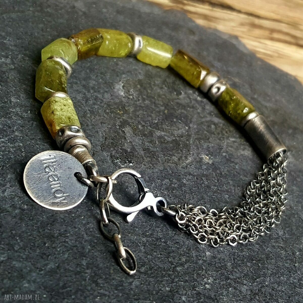 Bransoletka srebrna z zielonym granatem grossular Handmade