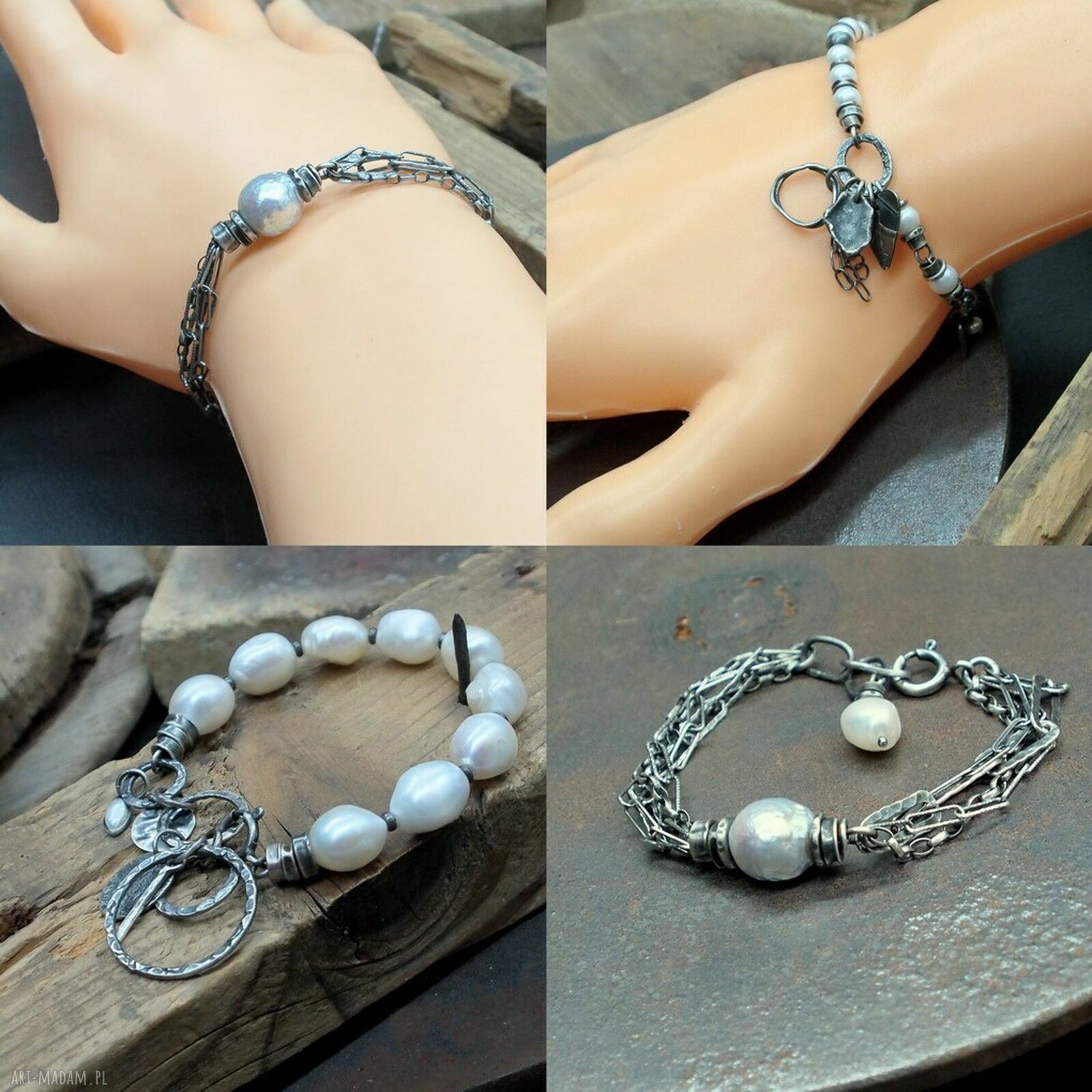 Białe perły i oksydowane srebro 925 - bransoletka handmade dla niej