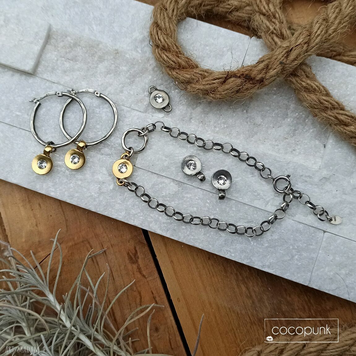 bransoletki: Bransoletka srebro, złoto, kryształ Swarovskiego. Autorskie