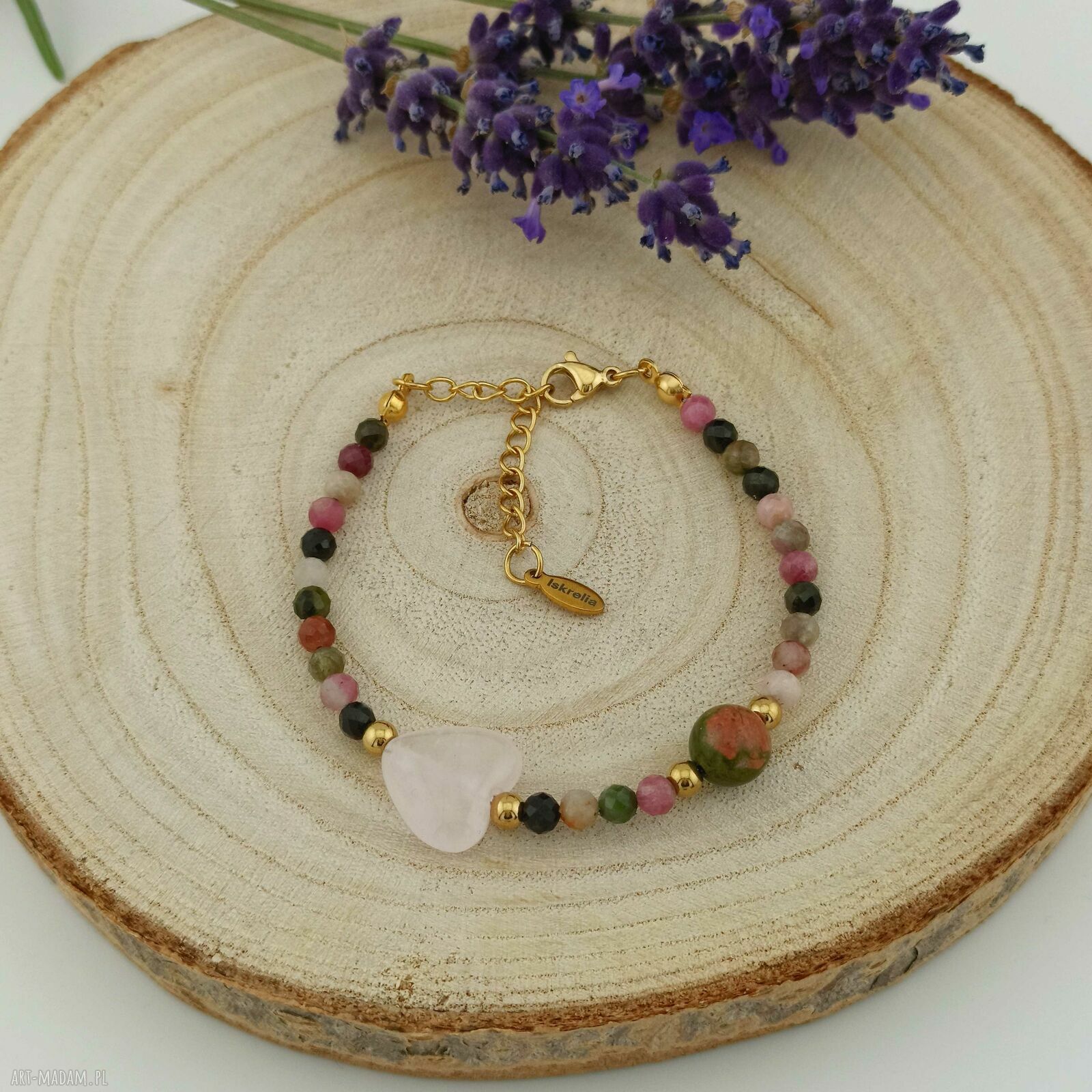 Bransoletka handmade z turmalinu, unakitu i kwarcu różowego