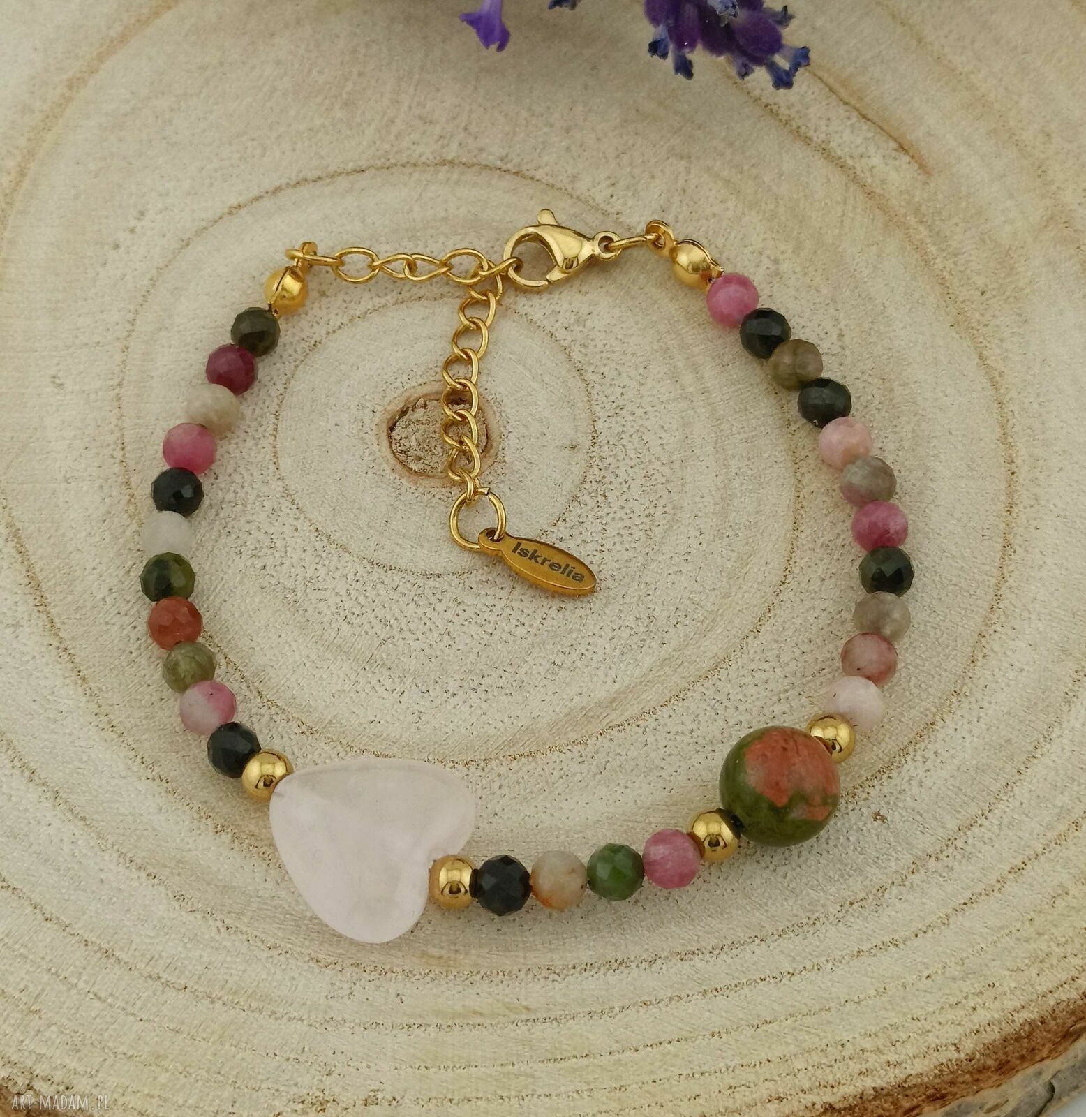 Bransoletka handmade z turmalinu, unakitu i kwarcu różowego