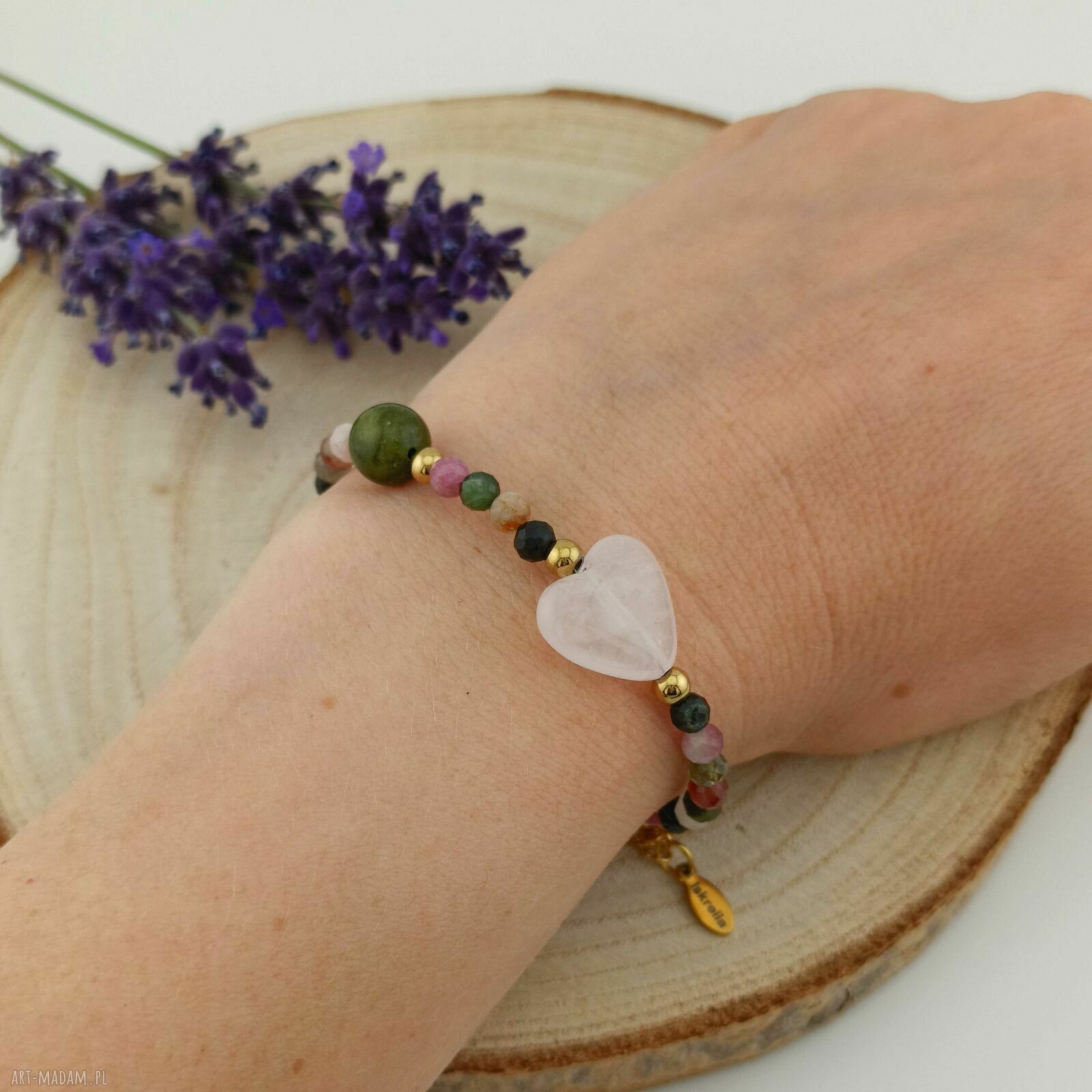 Bransoletka handmade z turmalinu, unakitu i kwarcu różowego