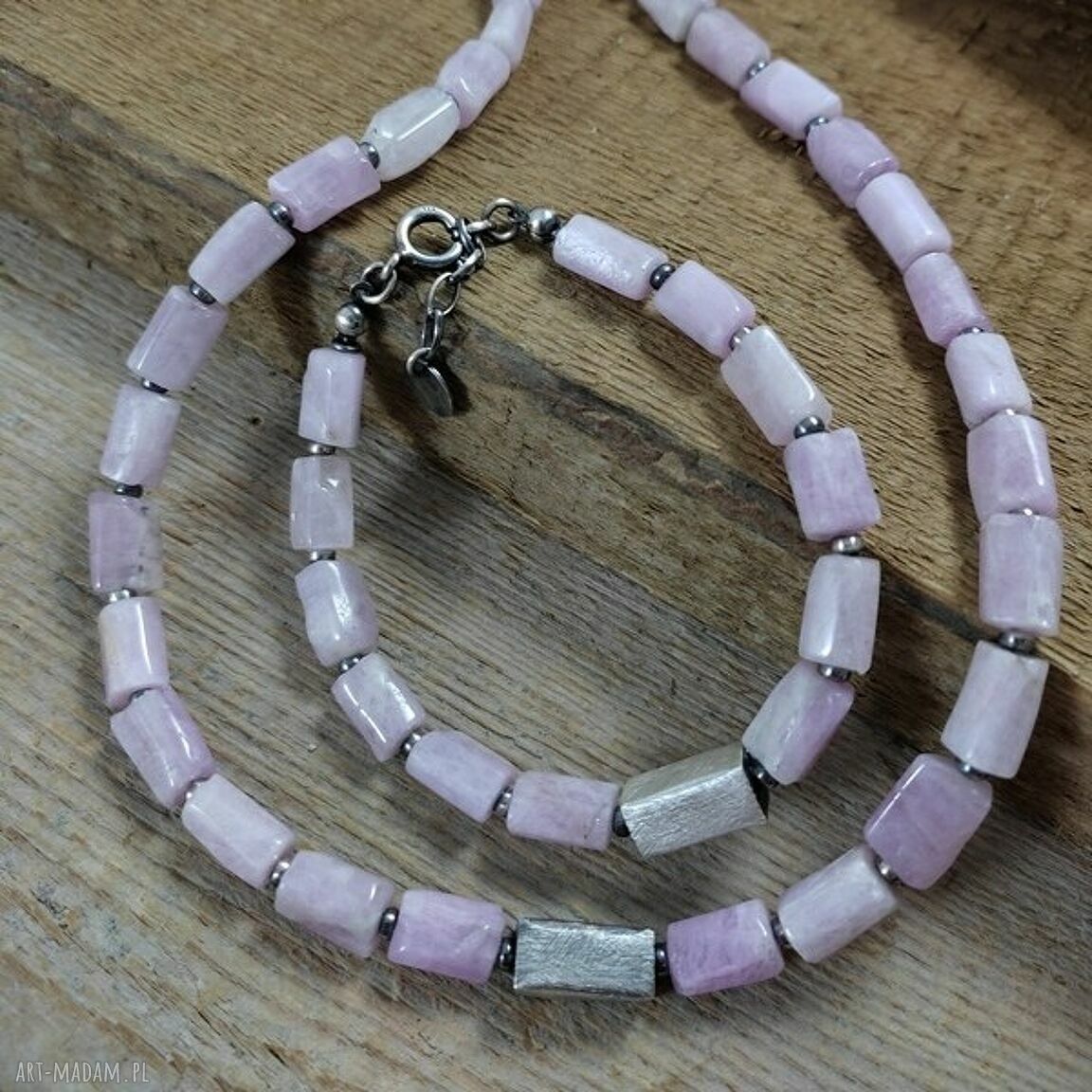 Bransoletka surowa z kunzytu i srebro 925 - autorski handmade