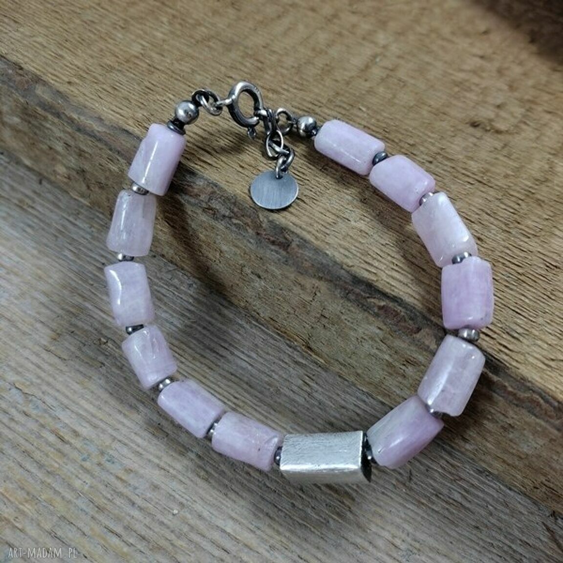 Bransoletka surowa z kunzytu i srebro 925 - autorski handmade