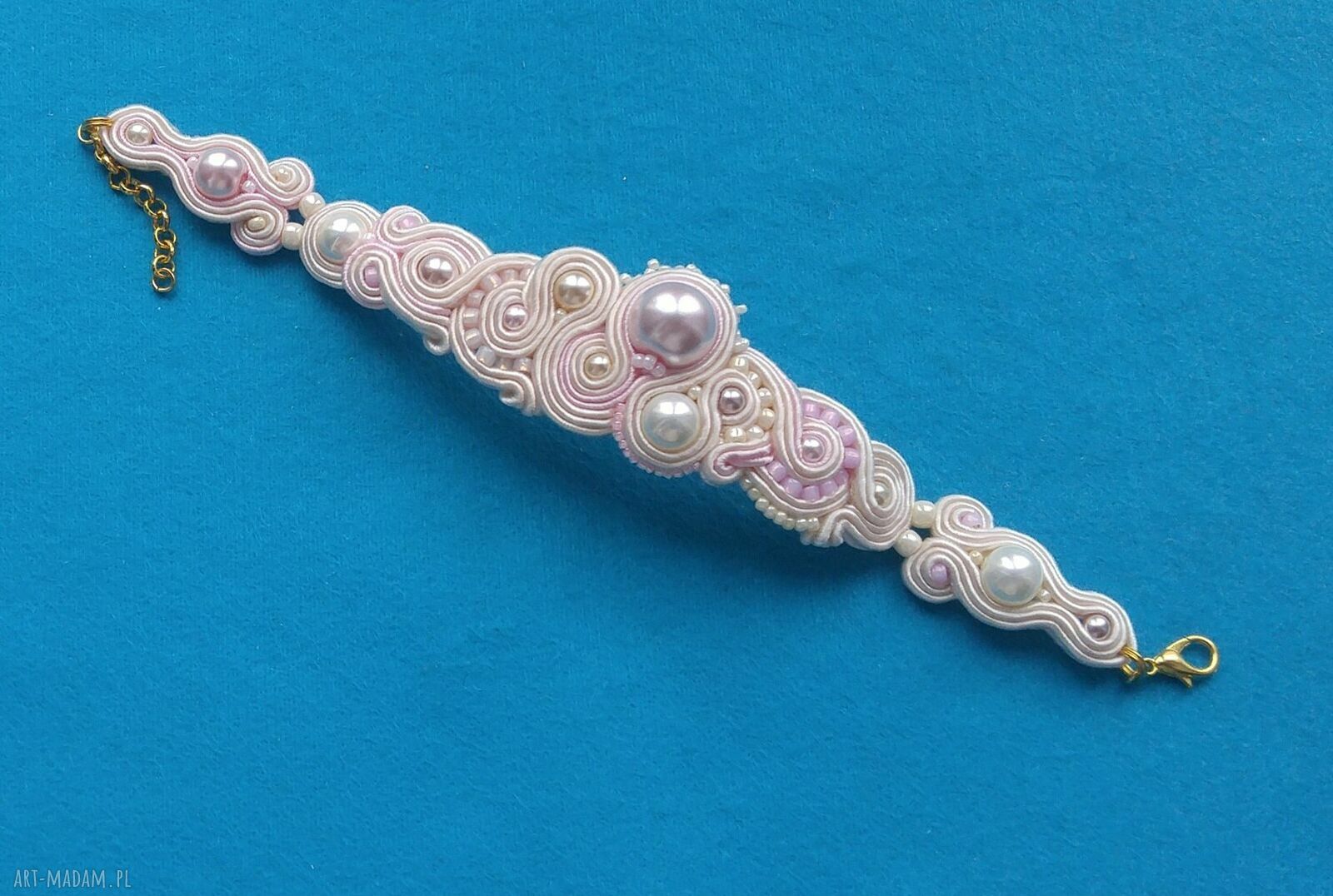 Bransoletka sutasz kremowo-różowa - rękodzieło z perłami Swarovski