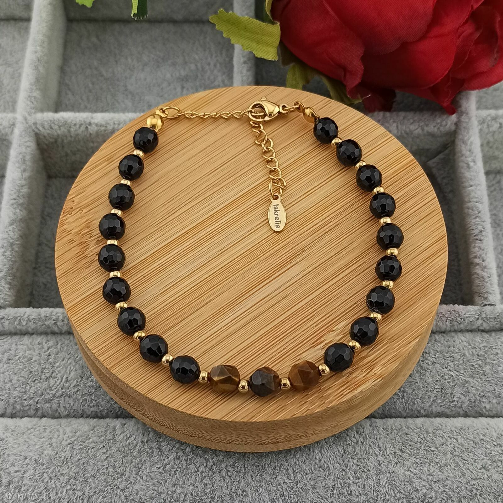Bransoletka tygrysie oko i onyks - damska handmade z kamieni naturalnych