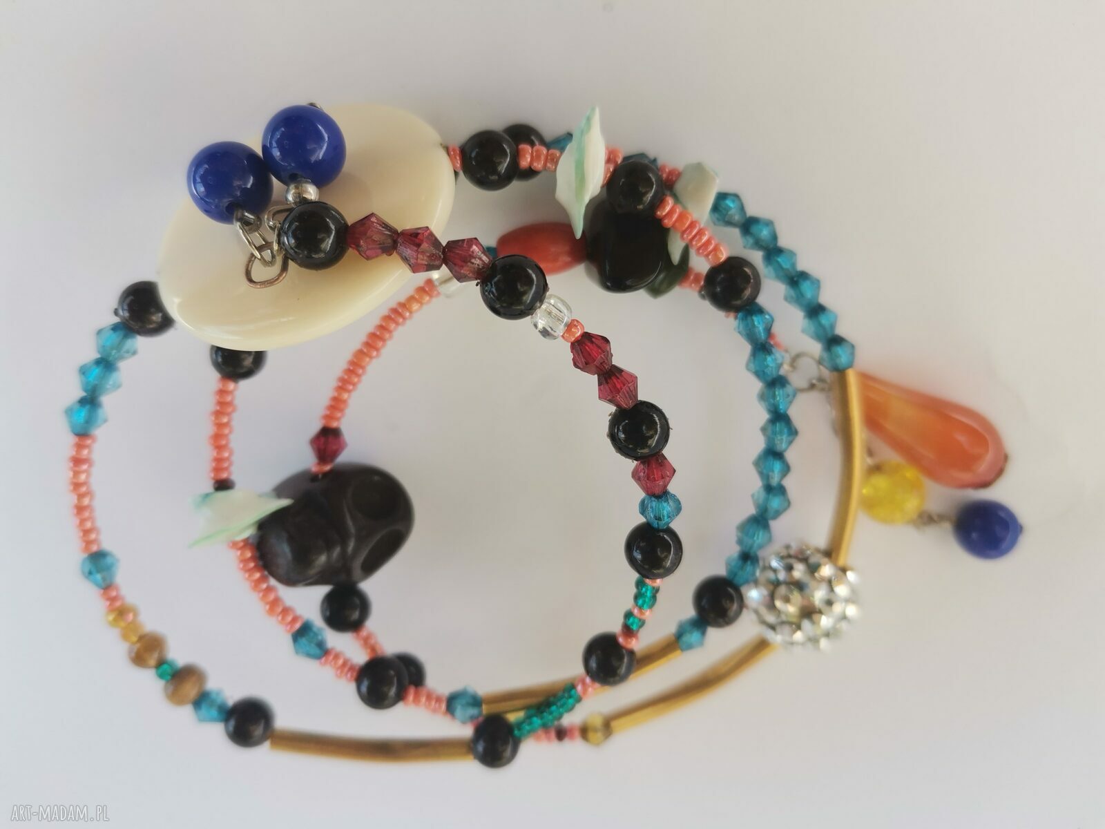 Bransoletka etno boho folk z futerkiem - kolorowa ręcznie robiona box A1