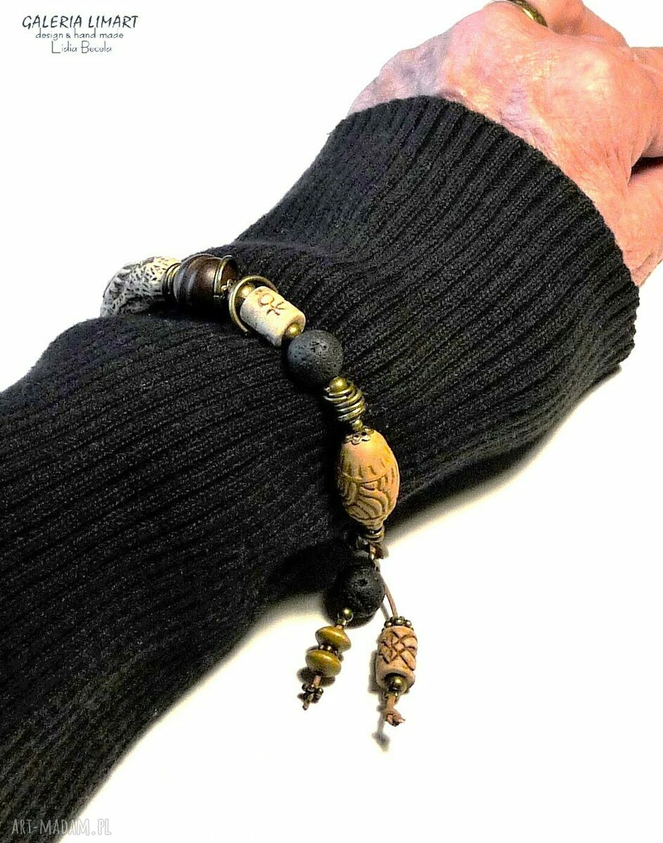 Bransoletka w stylu boho w kolorach ziemi z ręcznie wypalanej ceramiki na rzemieniu