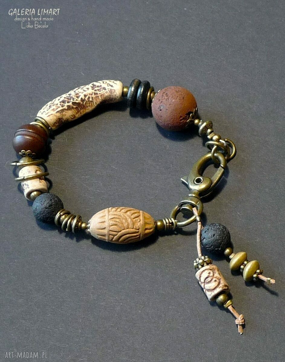 Bransoletka w stylu boho w kolorach ziemi z ręcznie wypalanej ceramiki na rzemieniu