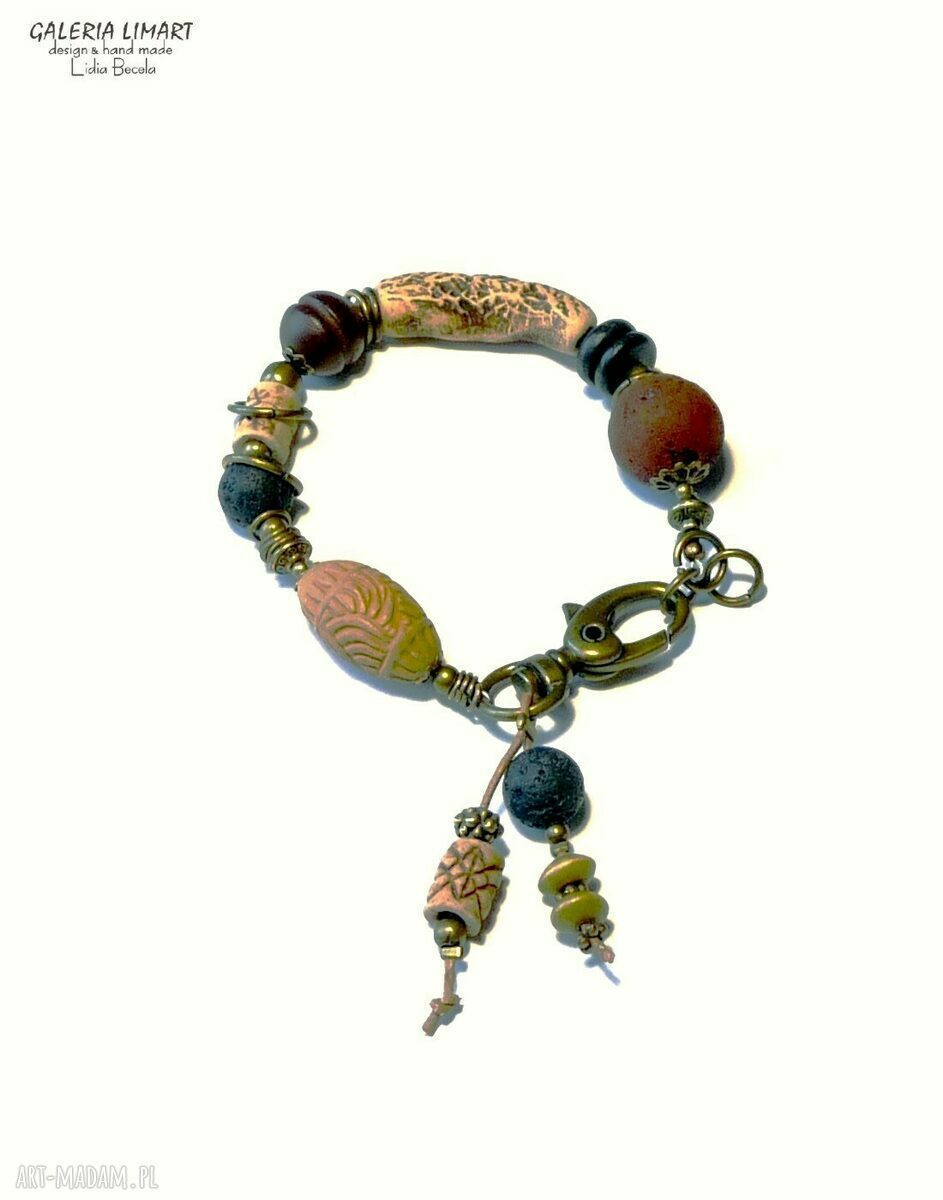 Bransoletka w stylu boho w kolorach ziemi z ręcznie wypalanej ceramiki na rzemieniu