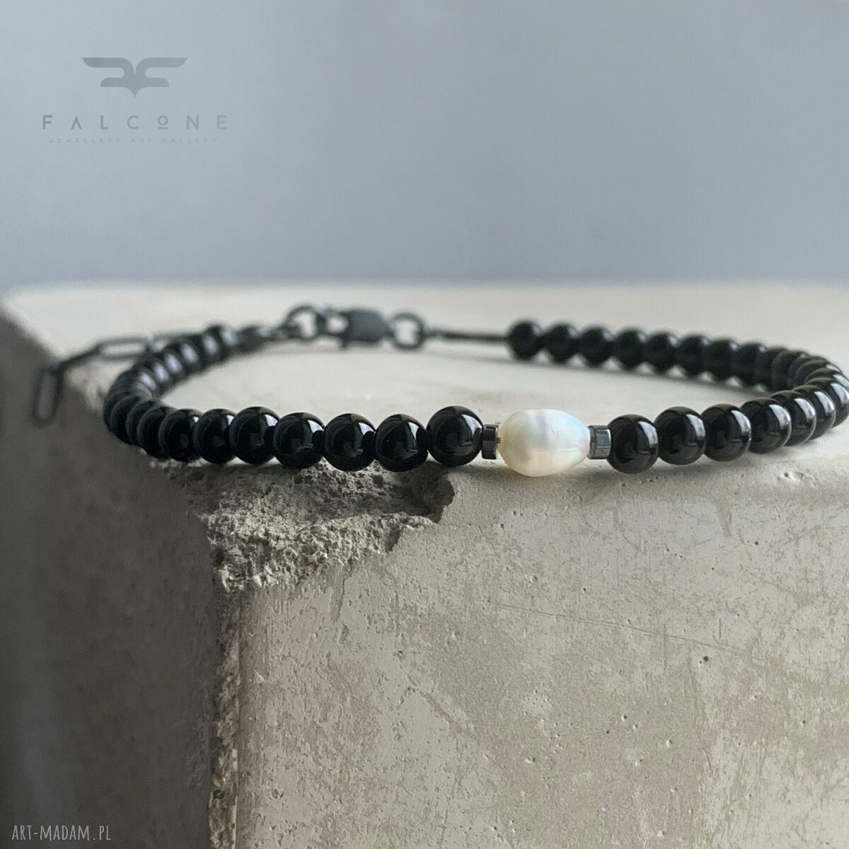 Bransoletka White & Black z onyksu i naturalnej perły - srebro 925, regulowana