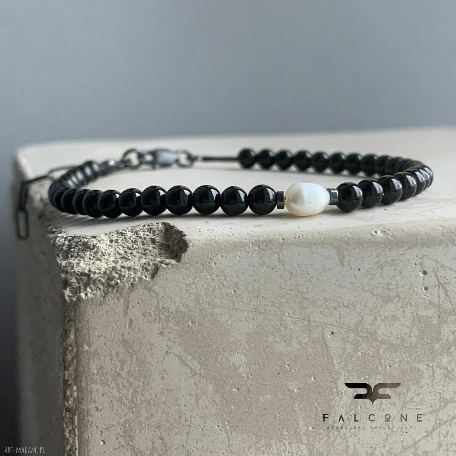 Bransoletka White & Black z onyksu i naturalnej perły - srebro 925, regulowana