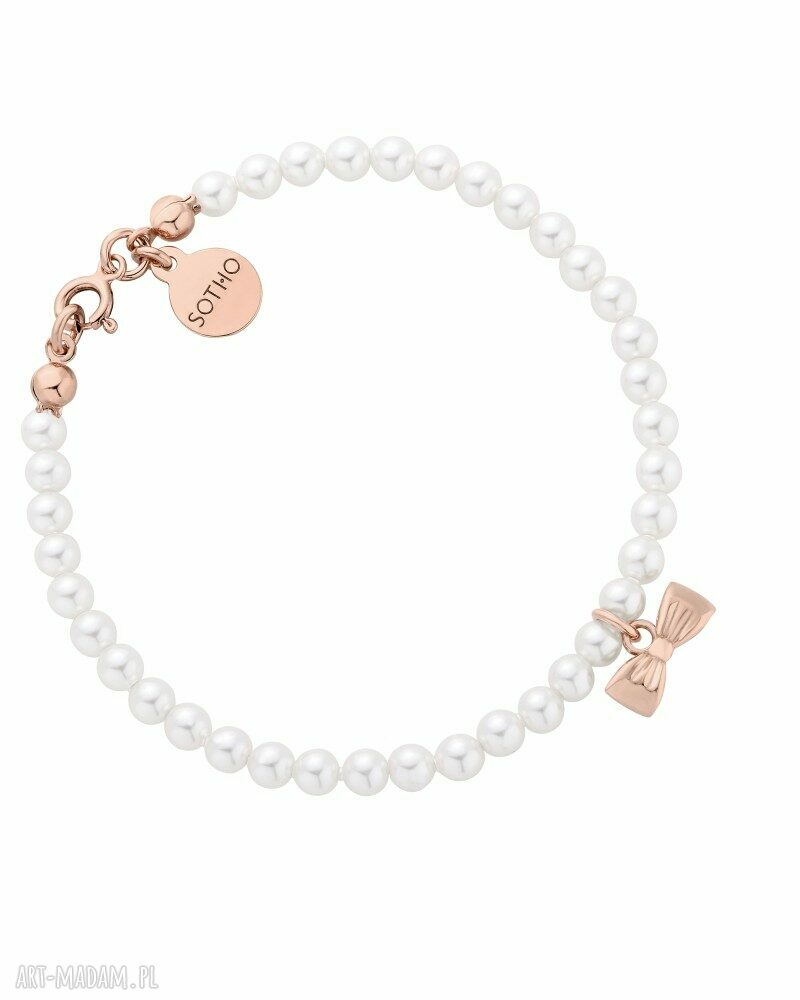 Bransoletka z białych pereł Swarovski i kokardką - różowy akcent