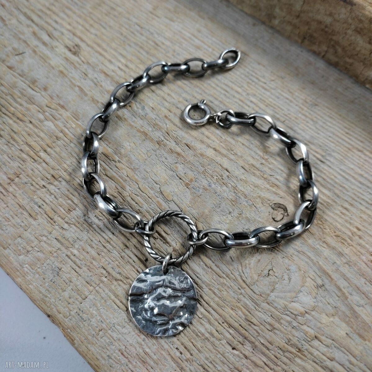 Ręcznie robiona bransoletka z oksydowanego srebra 925 z blaszką 19 mm