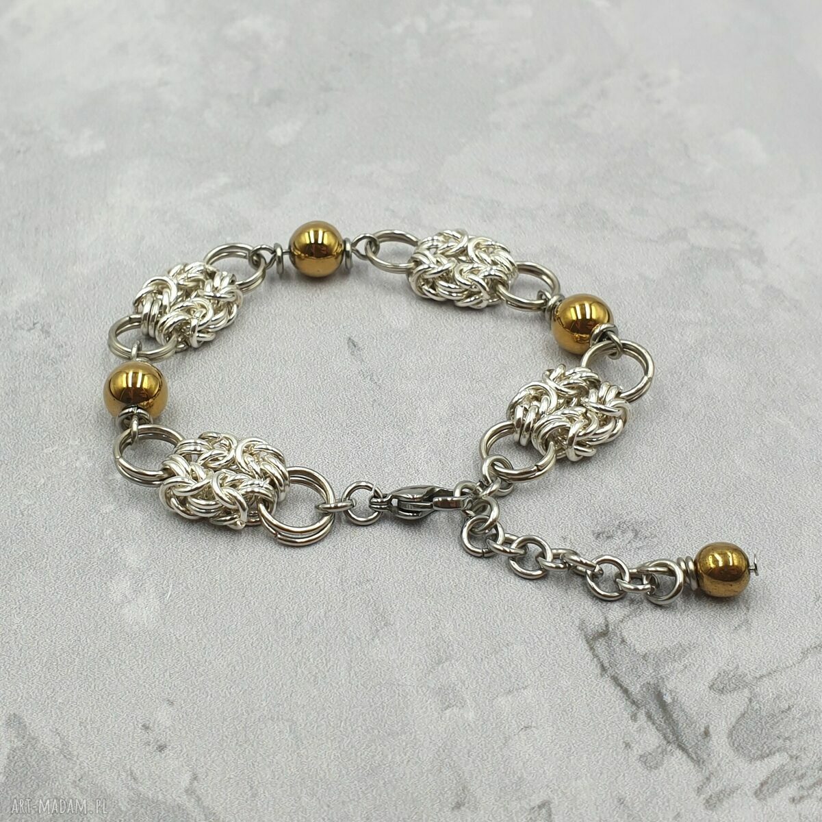 Bransoletka z hematytem w technice chainmaille - stal szlachetna