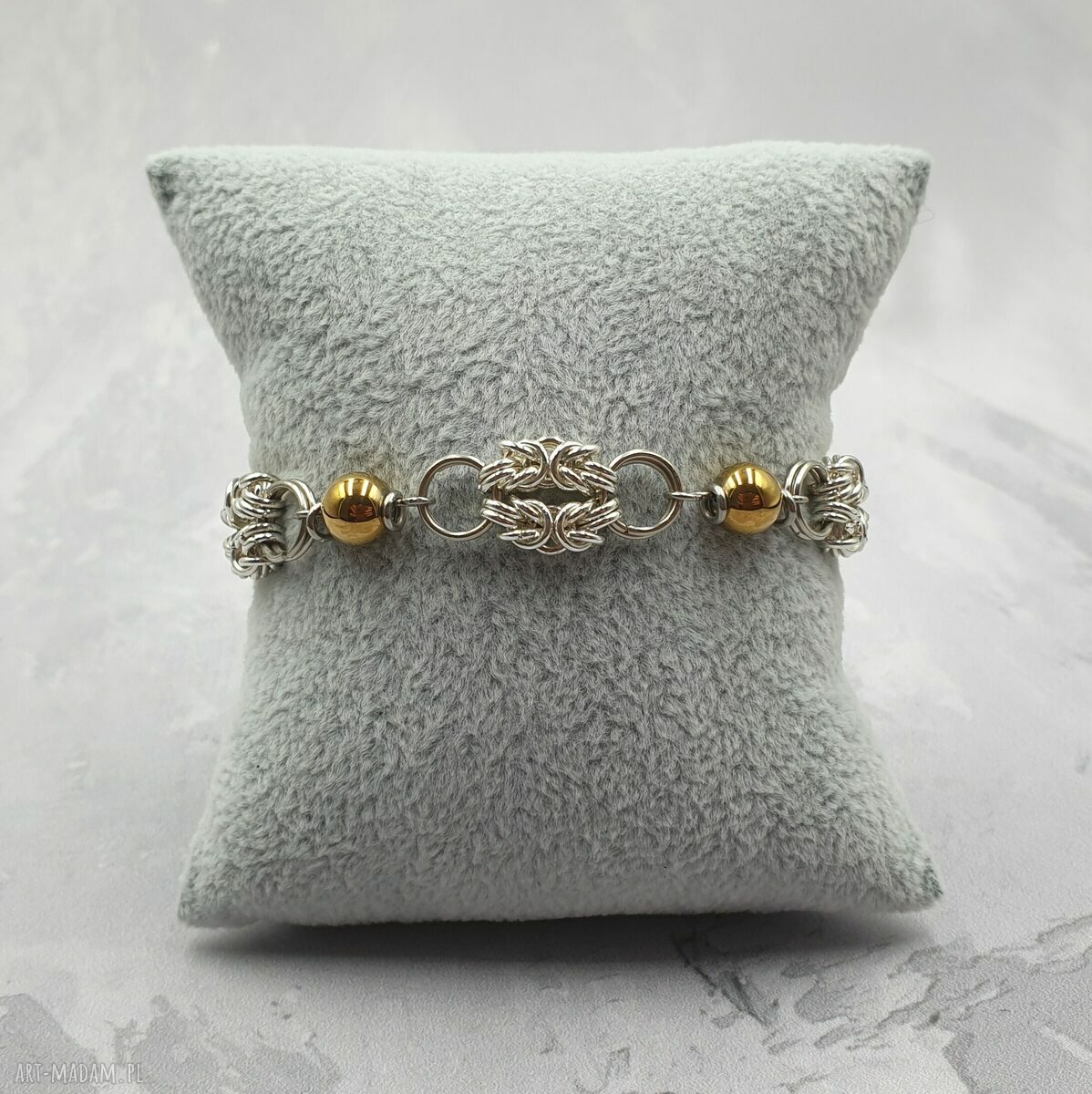 Bransoletka z hematytem w technice chainmaille - stal szlachetna