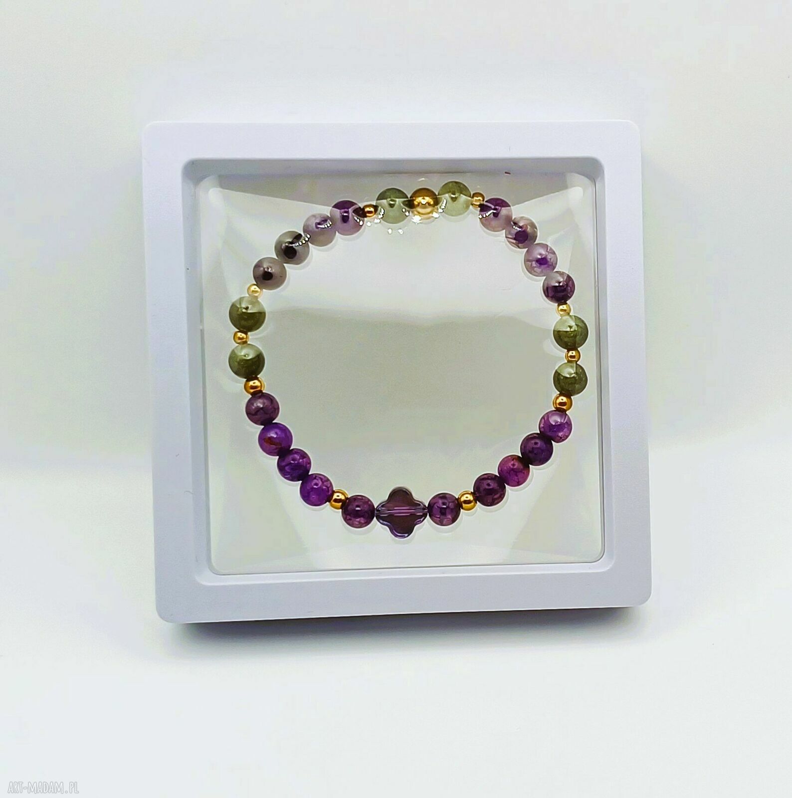 Jedyna taka bransoletka z agatem smoczym i zielonym turmalinem - handmade na gumeczce