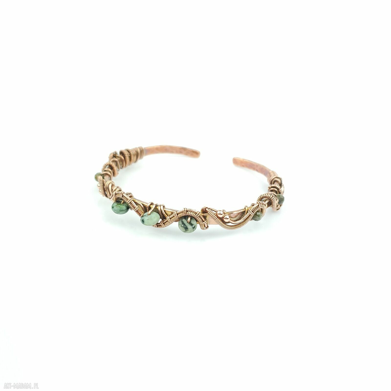 Miedziana bransoletka mankietowa z turkusem i turmalinem - cuff z kamieniami